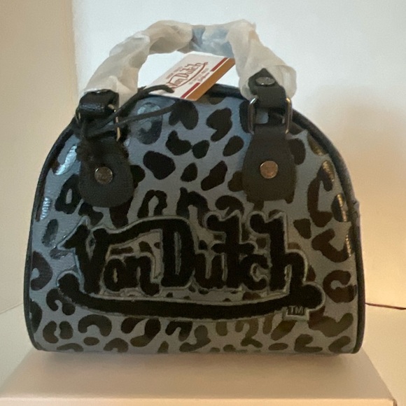 NWT  ON DUTCH blue and black leopard mini bowling bag - Picture 2 of 6